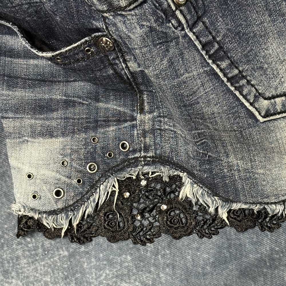 Miss Me Women's Blue Jean Denim Shorts with Black Lace and Bling 30 - Picture 15 of 15